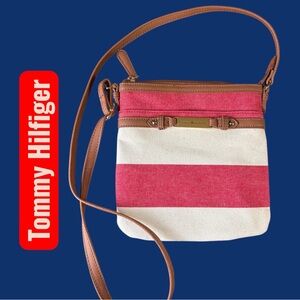 Tommy Hilfiger Red & Off White Canvas Striped Crossbody Bag. 9”x9”. Like new EUC